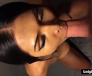 POV style hands free blowjob with a busty asian ladyboy